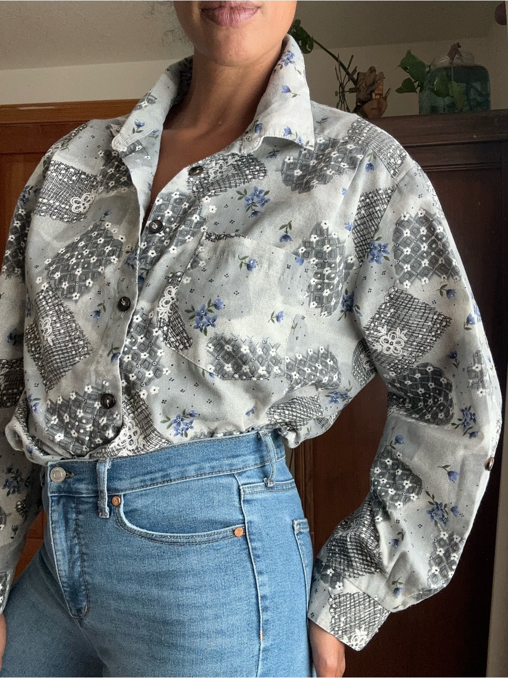 Women's Gray Floral Patchwork vintage Button-Up Shirt